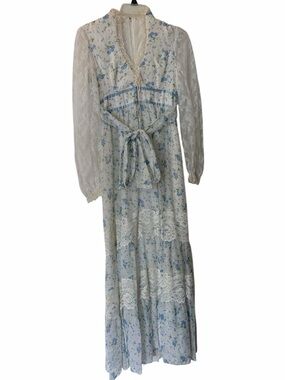 Vintage 1970s White Blue Prairie Maxi Dress W/lace Sleeves Cottagecore Size 5/6